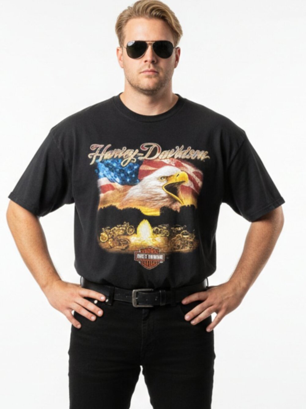 Harley Davidson Black Milwaukee WI Eagle Graphic Print Short Sleeve T Shirt 2X